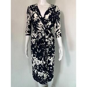 Sz 2 Lafayette 148 Black White Floral Wrap Midi Dress Office Siren Work Corpcore
